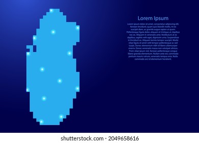Katar Karte Karte Silhouette aus blauem Quadrat Pixel und leuchtenden Sternen. Vektorgrafik.