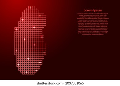 Qatar map silhouette from red mosaic structure squares and glowing stars. Vector illustration.