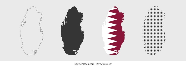 Qatar map in various style outline, grey, flag color, and dotted