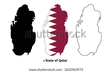 Qatar Map Vector - Country Outline, Flag Inside Map, Blank and Silhouette Version
