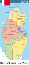 Qatar Map Vector New 2024 Colorful - Customizable layered political map of Qatar with administrative divisions for website, education, reports, news, politics, print, poster and wallpaper