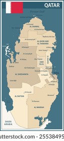 Qatar Map Vector Vintage Dark Blue Beige - Customizable layered political map of Qatar with administrative divisions for website, education, reports, news, politics, print, poster and wallpaper