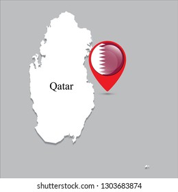 Qatar map with white shadow and country name on the map. Check-in point with a national flag on a gray background.