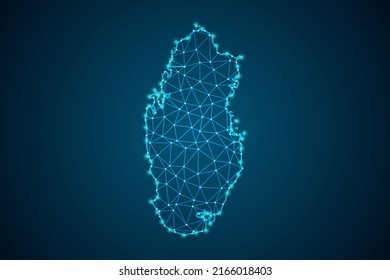 Katar Map - Weltkarte Mash Linie und Punktwaage auf blauem Hintergrund. Draht-Rahmen-3D-Maschenweite, Design-Kugel, Punkt und Struktur - Vektorgrafik eps10