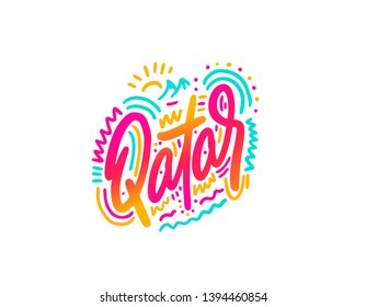 Qatar. Name country word text card, banner script. Beautiful typography inscription greeting calligraphy poster black, gold ribbon, star. Handwritten design modern brush lettering isolated vector.