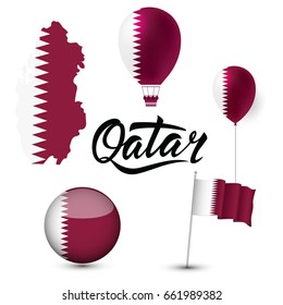 Qatar national color Map, Balloon, Button, Flag icons isolated