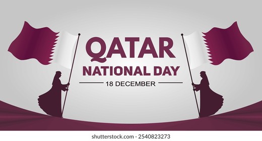 Qatar National Day 18 December Banner with Silhouettes in Traditional Attire Holding Flags. Maroon and White Theme, Culture, Pride, Unity, Patriotism. Vector Illustration.