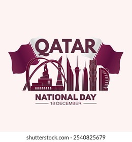 "Qatar National Day 18 December Banner with Silhouettes in Traditional Attire Holding Flags. Maroon and White Theme, Culture, Pride, Unity, Patriotism. Vector Art."