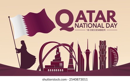 Qatar National Day 18. Dezember 2024 Banner-Hintergrund mit Doha City Sky Linie, und Person, die Katar Flagge. Schöner Hintergrund, Banner, Kalender. Vektorgrafik.