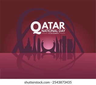 Dia Nacional do Catar, 18 de dezembro. Ilustração vetorial do Dia Nacional do Catar com a silhueta da paisagem urbana de Doha sobre um fundo maroon. 