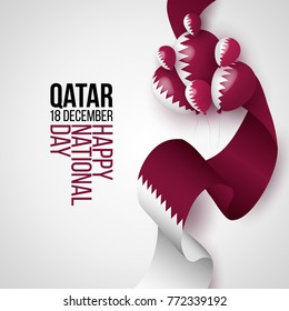 Qatar National day 18 december background with balloons, flag, ribbon. Maroon, white. Template design layout for card, banner, poster, flyer, card. Independence day.