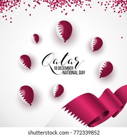 Qatar National day 18 december background with balloons, flag, ribbon. Maroon, white. Template design layout for card, banner, poster, flyer, card. Independence day.