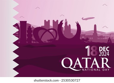 Catar National Day 18 de dezembro de 2024 Banner Background with Doha City Skyline, Katara Tower and Desert Illustration. Belo Qatar Fundo, Banner, Eventos, Turismo, Calendar.Vetor Ilustração. 