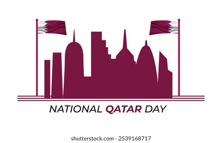 Día Nacional de Qatar, 18 de diciembre. Hermoso horizonte de la ciudad de Doha, torre de Katara e ilustración de fondo blanco. Afiche de Anuncio, Eventos, Turismo, Calendario, landing page celebra con una bandera árabe.