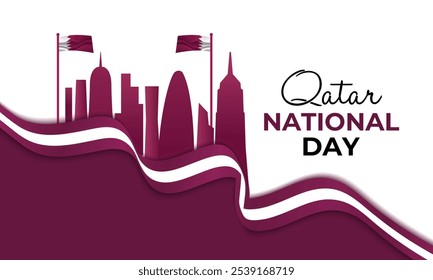 Día Nacional de Qatar, 18 de diciembre. Hermoso horizonte de la ciudad de Doha, torre de Katara e ilustración de fondo blanco. Afiche de Anuncio, Eventos, Turismo, Calendario, landing page celebra con una bandera árabe.