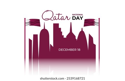 Día Nacional de Qatar, 18 de diciembre. Hermoso horizonte de la ciudad de Doha, torre de Katara e ilustración de fondo blanco. Afiche de Anuncio, Eventos, Turismo, Calendario, landing page celebra con una bandera árabe.