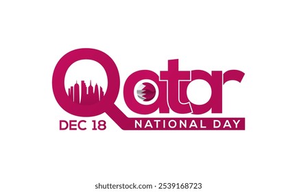 Día Nacional de Qatar, 18 de diciembre. Hermoso horizonte de la ciudad de Doha, torre de Katara e ilustración de fondo blanco. Afiche de Anuncio, Eventos, Turismo, Calendario, landing page celebra con una bandera árabe.