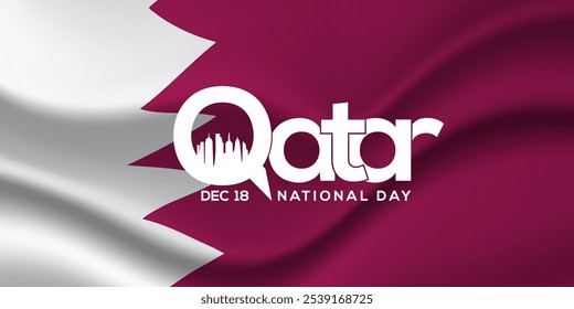 Día Nacional de Qatar, 18 de diciembre. Hermoso horizonte de la ciudad de Doha, torre de Katara e ilustración de fondo blanco. Afiche de Anuncio, Eventos, Turismo, Calendario, landing page celebra con una bandera árabe.