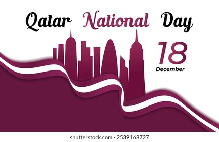 Día Nacional de Qatar, 18 de diciembre. Hermoso horizonte de la ciudad de Doha, torre de Katara e ilustración de fondo blanco. Afiche de Anuncio, Eventos, Turismo, Calendario, landing page celebra con una bandera árabe.