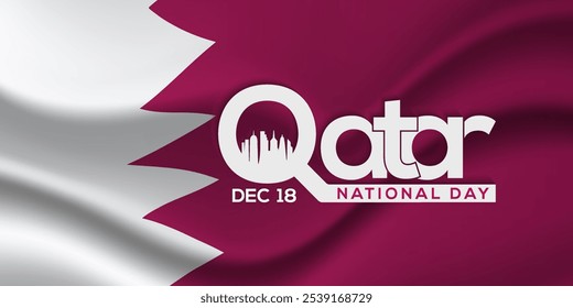 Día Nacional de Qatar, 18 de diciembre. Hermoso horizonte de la ciudad de Doha, torre de Katara e ilustración de fondo blanco. Afiche de Anuncio, Eventos, Turismo, Calendario, landing page celebra con una bandera árabe.