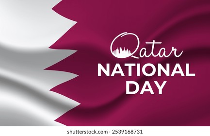 Día Nacional de Qatar, 18 de diciembre. Hermoso horizonte de la ciudad de Doha, torre de Katara e ilustración de fondo blanco. Afiche de Anuncio, Eventos, Turismo, Calendario, landing page celebra con una bandera árabe.