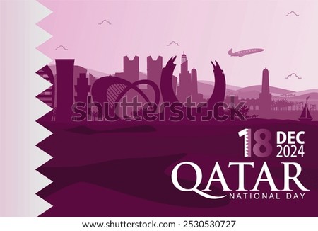 Qatar National Day 18th December 2024 Banner Background with Doha City Skyline, Katara Tower and Desert Illustration. Beautiful Qatar Background, Banner,Events, Tourism, Calendar.Vector Illustration. 