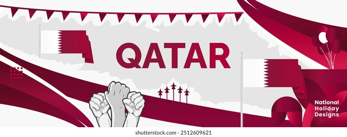 Qatar National Day abstract art in flag colors. Latest modern banner for Qatar holiday with typography. Perfect for posters, web banners and greeting cards