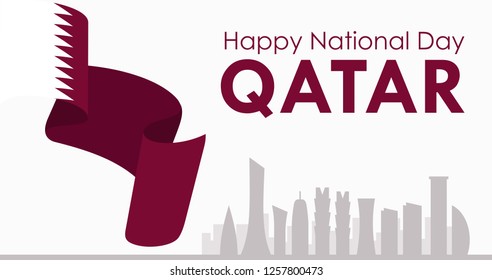 Qatar National Day. Arabic Translation: Our National Day.18 December. Flag and Skyline. Vector Illustration. 