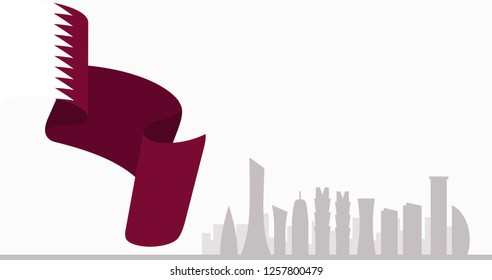 Qatar National Day. Arabic Translation: Our National Day.18 December. Flag and Skyline. Vector Illustration. 