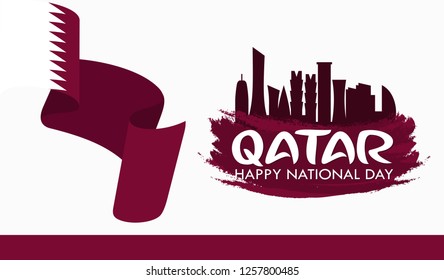 Qatar National Day. Arabic Translation: Our National Day.18 December. Flag and Skyline. Vector Illustration. 