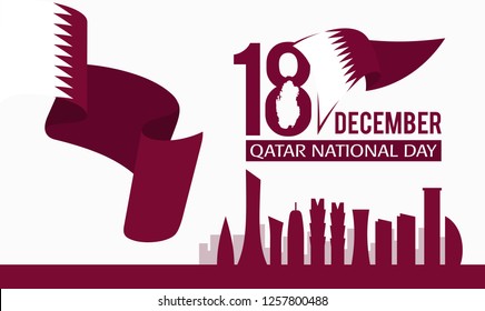 Qatar National Day. Arabic Translation: Our National Day.18 December. Flag and Skyline. Vector Illustration. 