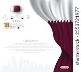 Qatar National Day Background Design With Arabic Calligraphy And Flag Illustration For Greeting Card, Wallpaper, Banner, Cover, Poster etc. Translation Of Text : QATAR NATIONAL DAY 18 TH DECEMBER