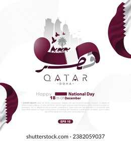 Katar National Day-Hintergrund Vektordesign mit arabischer Kalligrafie, Flagge und Gebäuden für Grußkarte, Tapete, Banner, Abdeckung, Poster etc. Übersetzung von Text: NATIONALER TAG VON QATAR AM 18. DEZEMBER