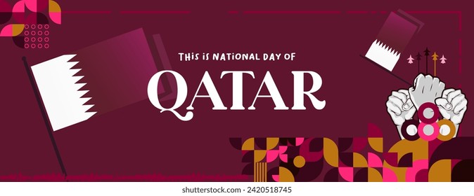 Katar National Day Banner in buntem, modernen geometrischen Stil. Qatar National Unabhängigkeit Tag Grußkartenabdeckung mit Typografie. Vektorgrafik für die Feiertagsfeier