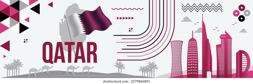 Qatar National Day Banner Design with Qatari Flag, National colors theme background, Map, Text, Doha Landmarks, Geometric Abstract Purple or Violet colors, vector Illustration, 18 December