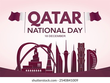 Banner design do dia nacional do Catar, 18 de dezembro. Com a silhueta da paisagem urbana de Doha e a bandeira do Catar. Ilustração de vetor.