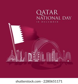 Qatar national day banner poster with landmarks and flag. A translation of the Arabic text: Qatar national day 18. Vector illustration.