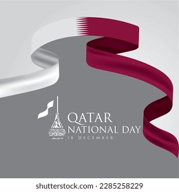 Qatar national day banner poster with flag. A translation of the Arabic text: Qatar national day 18. Vector illustration.