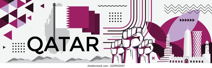 Qatar national day banner. Qatari flag and map with modern geometric retro abstract design. Purple or violet color theme background. Doha landmarks and skyline. Vector Illustration.