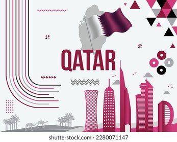 Qatar National Day Banner with Qatari Flag, Map, Text, Doha Landmarks, Geometric Abstract Purple or Violet colors, 18 December National Day vector Illustration