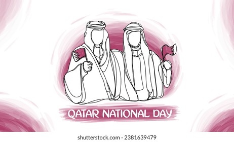 Katar National Day Banner mit zwei arabischen Leuten, die eine Flagge mit einer Linie Aquarell-Illustration tragen