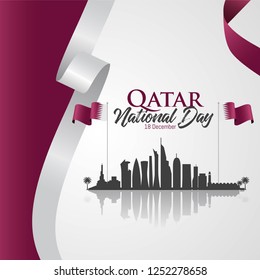 Qatar national day celebration with landmark and flag in Arabic translation: qatar national day 18 th december. vector illustration