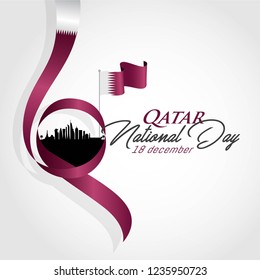 Qatar national day celebration with landmarks and flags in Arabic translation: qatar national day 18 th december. vector illustration