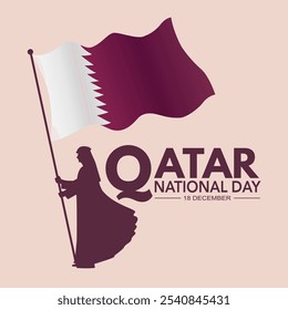 Qatar National Day, December 18. Qatar National Day illustration with a silhouette of a person holding the Qatar flag in white and maroon. Vector design for banners, cards, posters, and social media.