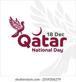 Qatar National Day graphic design, featuring a stylized dove, crescent moon, and the text "Qatar National Day 18 Dec." Suitable for social media posts, banners, and other promotional materials