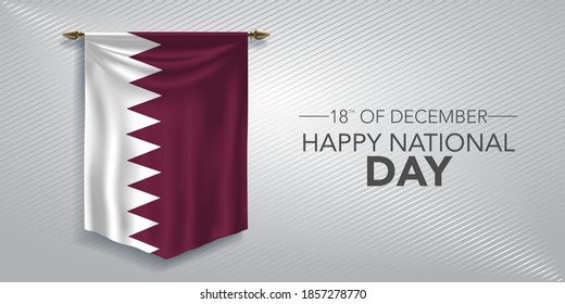 Qatar national day greeting card, banner, vector illustration. Qatari day 18th of December background with pennant