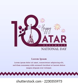 qatar national day greeting design, december 18th. qatar national day celebration background, fireworks and hot air balloon and qatar flag