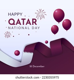 qatar national day greeting design, december 18th. qatar national day celebration background, fireworks and hot air balloon and qatar flag