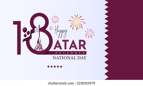 qatar national day greeting design, december 18th. qatar national day celebration background, fireworks and hot air balloon and qatar flag