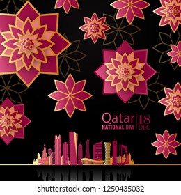 Qatar national day on 18-th december. With national colors and Arabic Islamic Ornamental Flowers and architectural buildings skyline silhouette